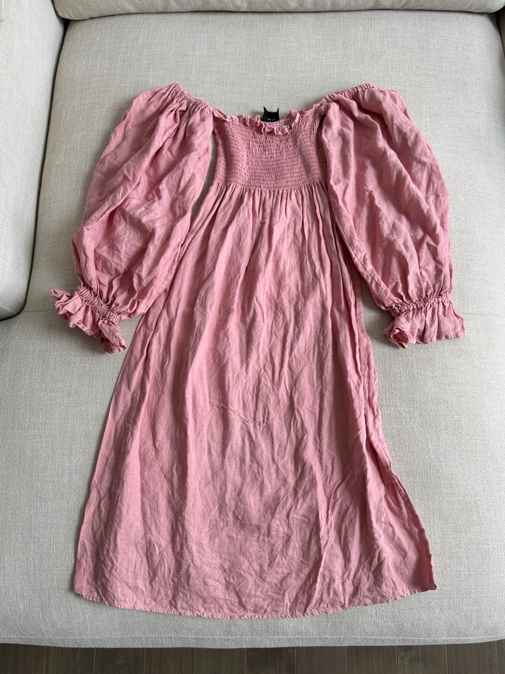 SLEEPER Atlanta Pink 100% Linen Smocked Puff Sleeve Dress Size S